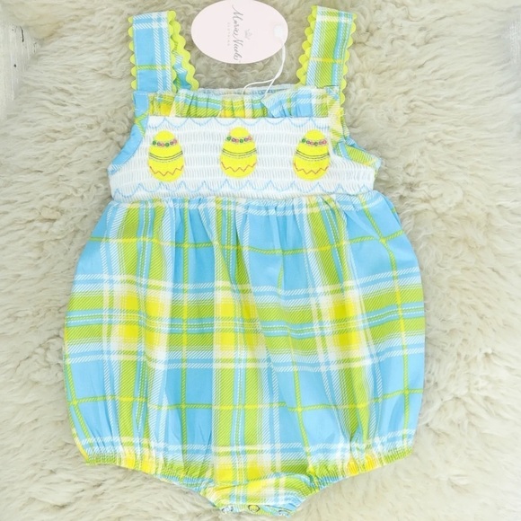 Marie Nicole Other - Marie Nicole Unisex Blue/yellow plaid Easter egg smocked bubble romper 0-3 month